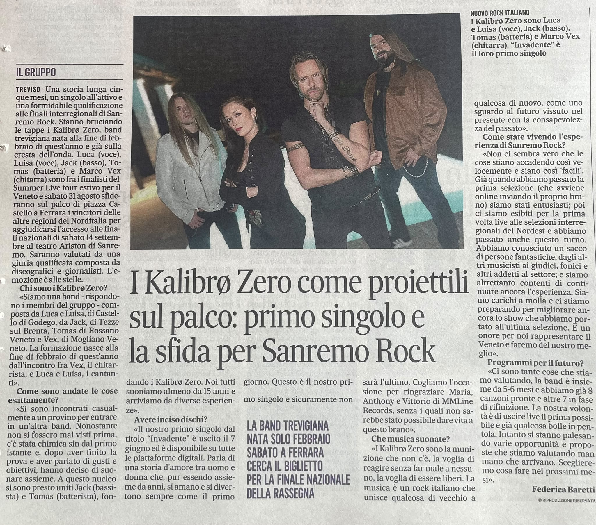 I Kalibrø Zero sul giornale: dal primo singolo “Invadente” alla carica per le finali di Sanremo Rock!